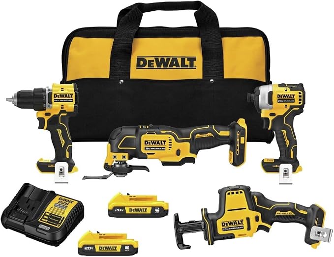 DEWALT ATOMIC 20-Volt Lithium-Ion Cordless Brushless Combo Kit (4-Tool) with (2) 2.0Ah Batteries, Charger and Bag DCK486D2