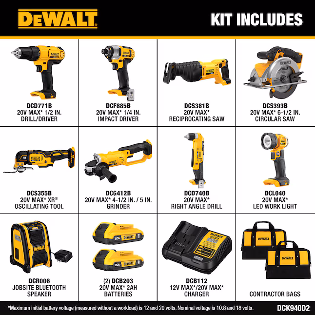 DEWALT 20V MAX Cordless 9 Tool Combo Kit with (2) 20V 2.0Ah Batteries and Charger DCK940D2