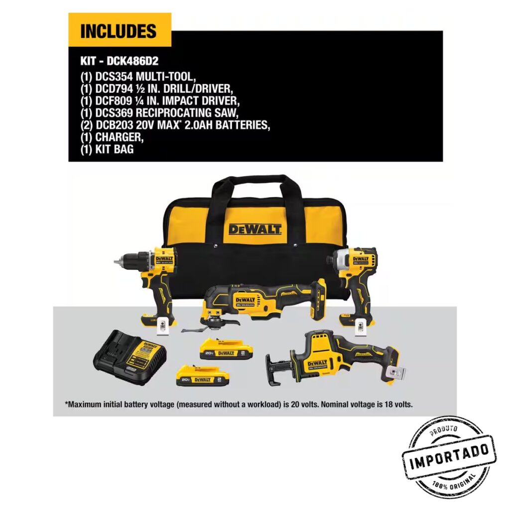 DEWALT ATOMIC 20-Volt Lithium-Ion Cordless Brushless Combo Kit (4-Tool) with (2) 2.0Ah Batteries, Charger and Bag DCK486D2