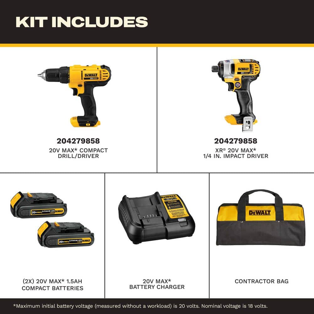 DEWALT 20V MAX Cordless Drill/Impact 2 Tool Combo Kit with (2) 20V 1.3Ah Batteries, Charger, and Bag DCK240C2