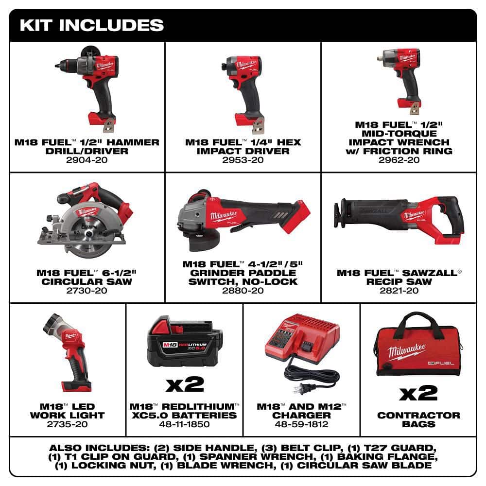 Milwaukee M18 FUEL 18V Lithium-Ion Brushless Cordless Combo Kit with Two 5.0 Ah Batteries, 1 Charger, 2 Tool Bags (7-Tool) 3697-27