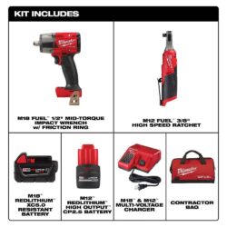 Milwaukee M18 FUEL 18V Cordless Mid Torque 1/2 in. Impact Wrench w/ M12 FUEL 3/8 in. Ratchet & Battery/Charger Combo Kit 3890-22 - Imagem 2