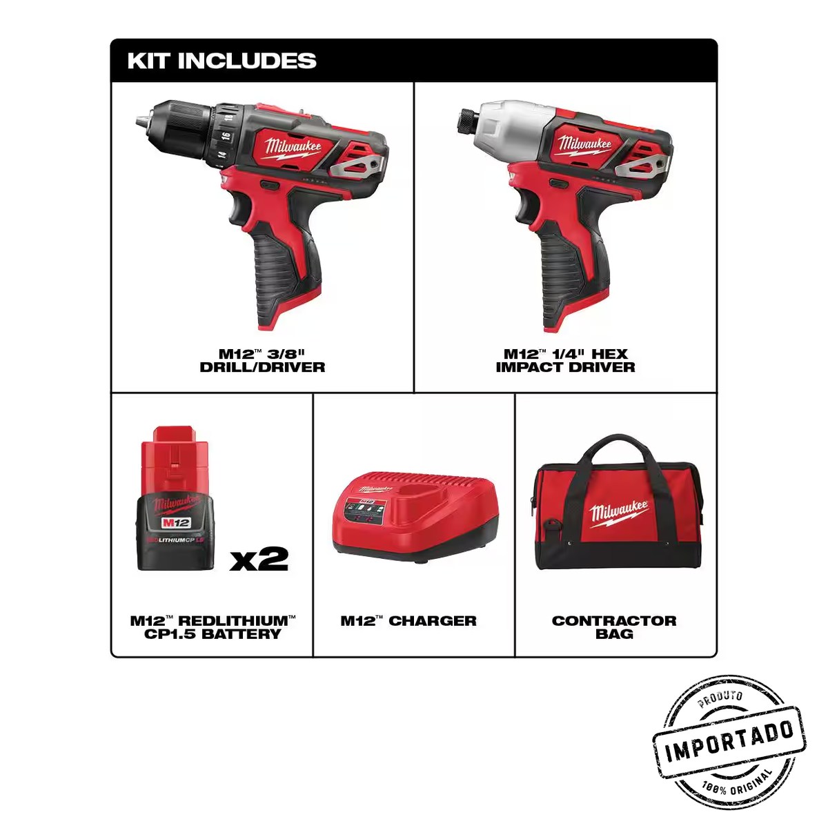Milwaukee M12 12V Lithium-Ion Cordless Drill Driver/Impact Driver Combo Kit with Two 1.5Ah Batteries, Charger and Bag (2-Tool) 2494-22 - Imagem 1