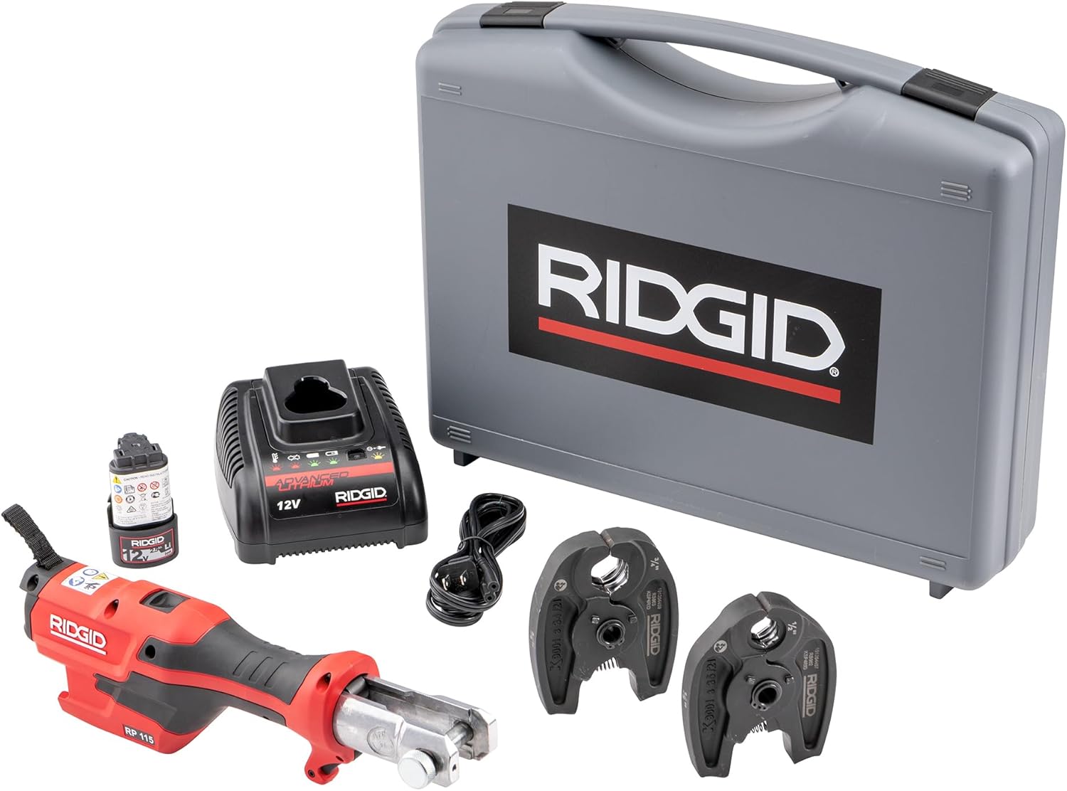 RIDGID (RP115) 72553 Mini Press Tool and Battery Kit with 1/2" to 3/4" ProPress Press Tool Jaws, 2V Li/Ion Battery, 12V Charger, and Carrying Case - Imagem 2