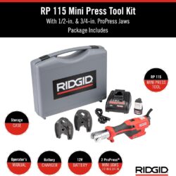 RIDGID (RP115) 72553 Mini Press Tool and Battery Kit with 1/2" to 3/4" ProPress Press Tool Jaws, 2V Li/Ion Battery, 12V Charger, and Carrying Case - Imagem 3