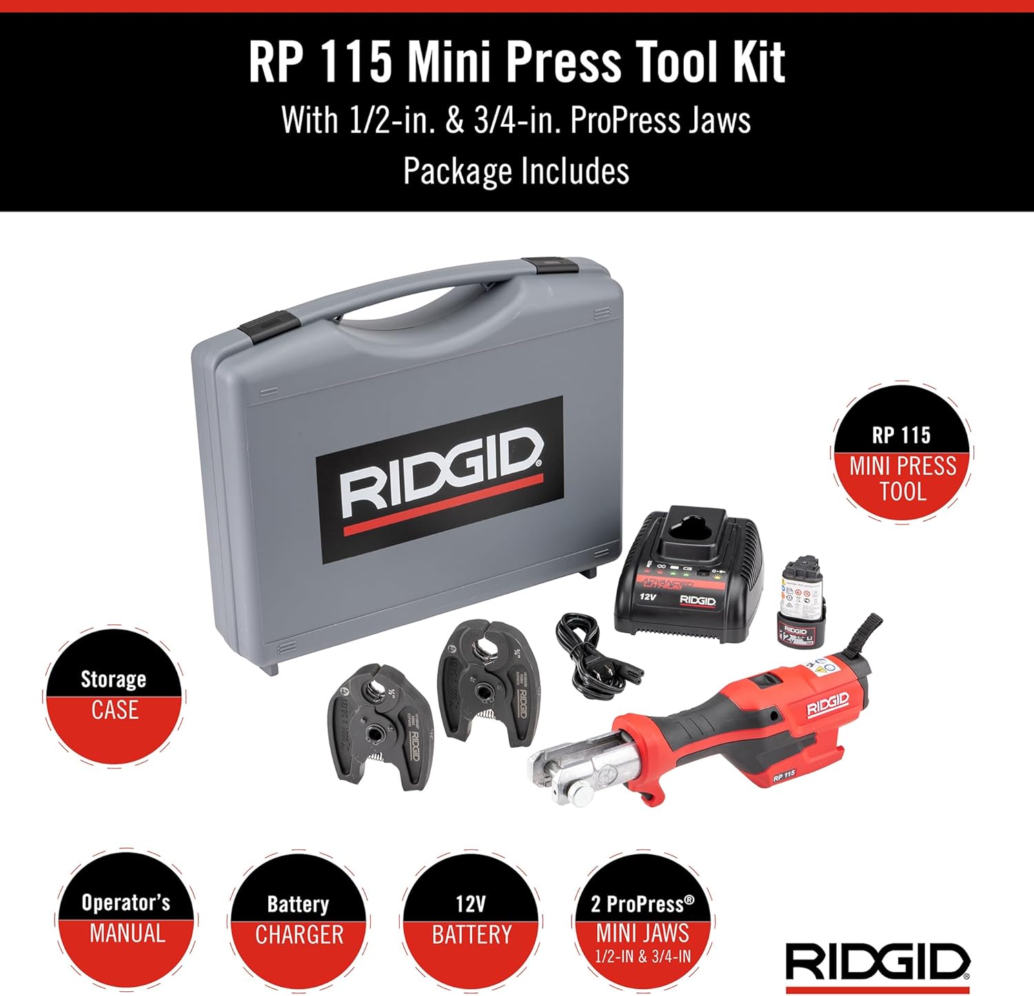 RIDGID (RP115) 72553 Mini Press Tool and Battery Kit with 1/2" to 3/4" ProPress Press Tool Jaws, 2V Li/Ion Battery, 12V Charger, and Carrying Case - Imagem 3