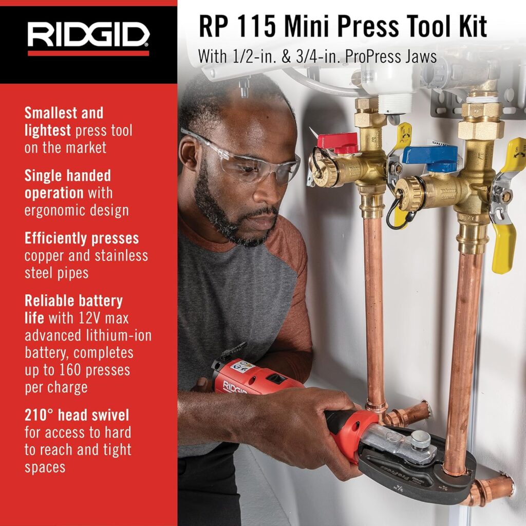 RIDGID (RP115) 72553 Mini Press Tool and Battery Kit with 1/2" to 3/4" ProPress Press Tool Jaws, 2V Li/Ion Battery, 12V Charger, and Carrying Case