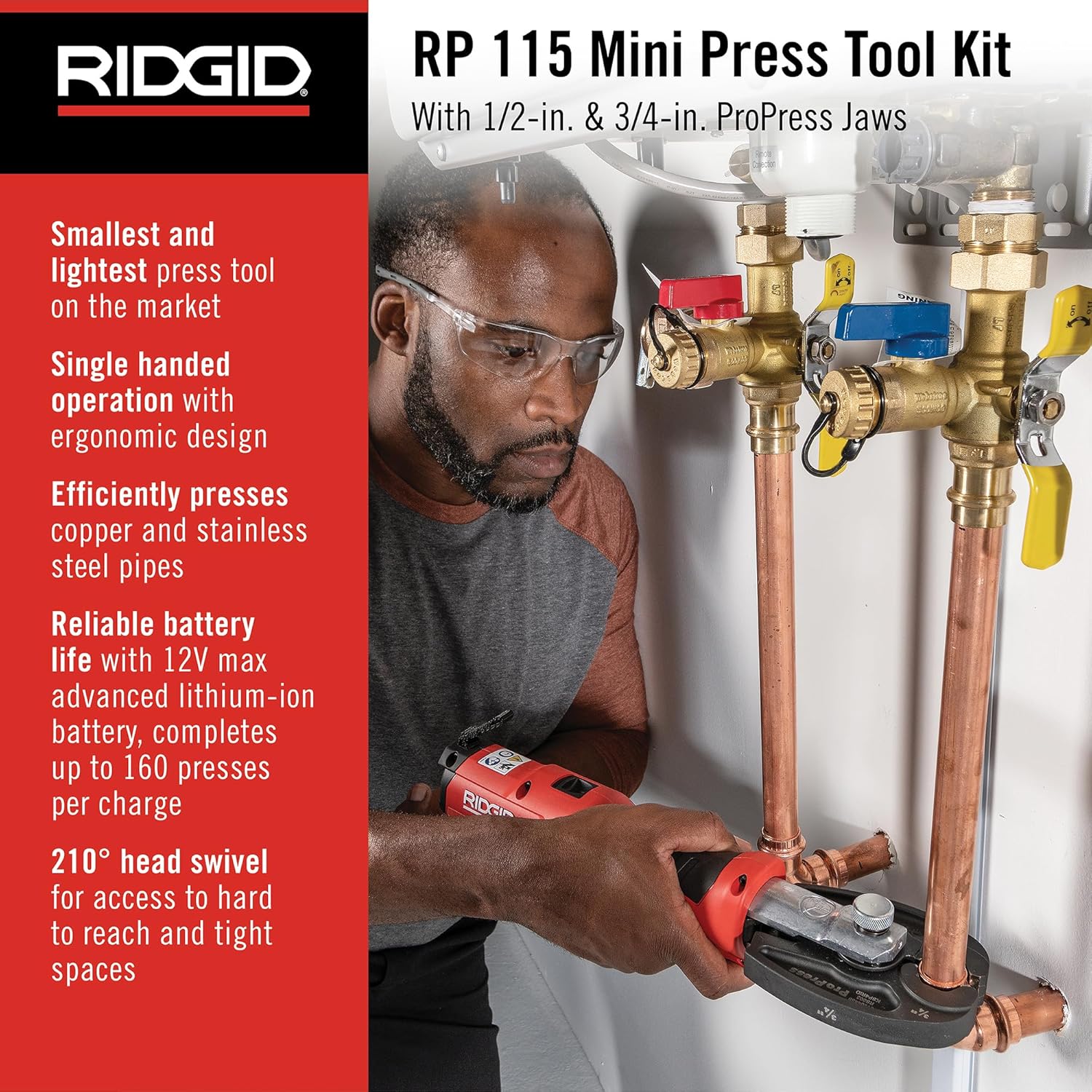 RIDGID (RP115) 72553 Mini Press Tool and Battery Kit with 1/2" to 3/4" ProPress Press Tool Jaws, 2V Li/Ion Battery, 12V Charger, and Carrying Case - Imagem 4