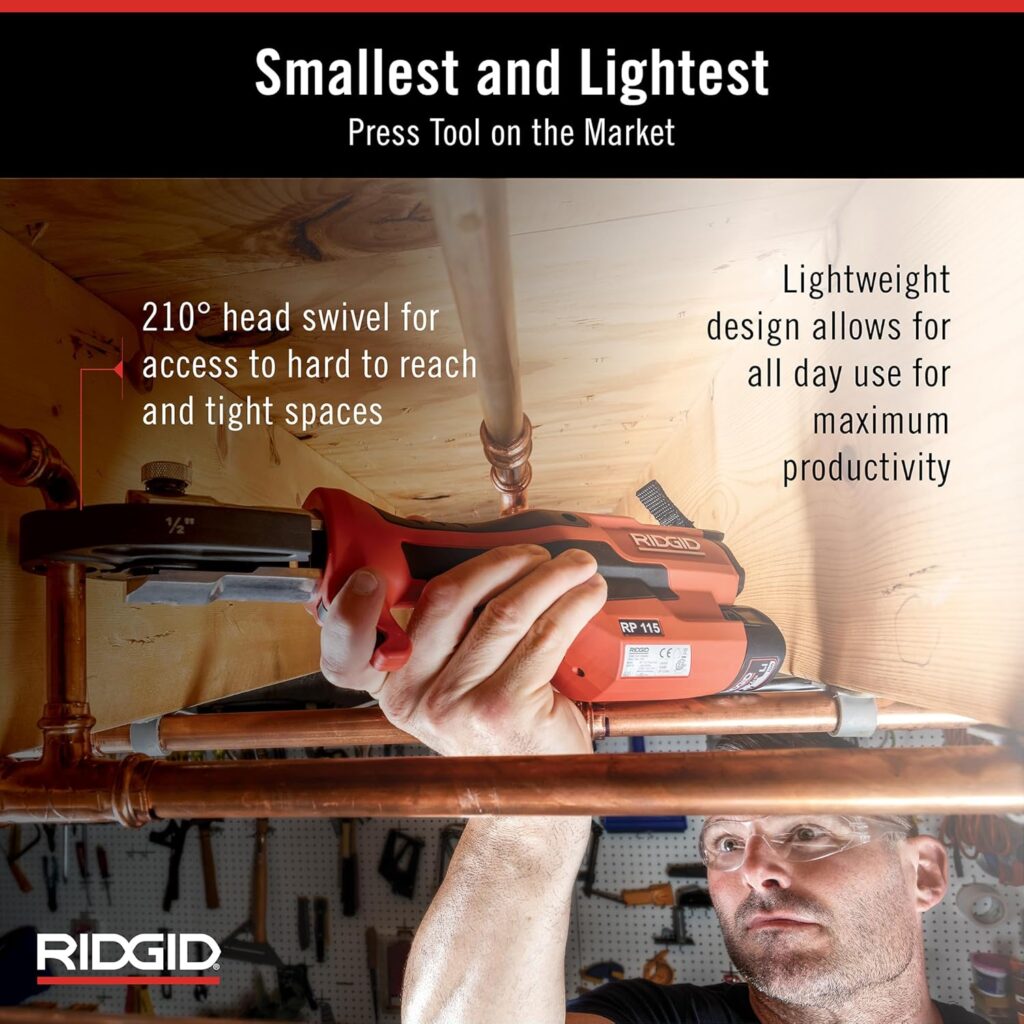 RIDGID (RP115) 72553 Mini Press Tool and Battery Kit with 1/2" to 3/4" ProPress Press Tool Jaws, 2V Li/Ion Battery, 12V Charger, and Carrying Case