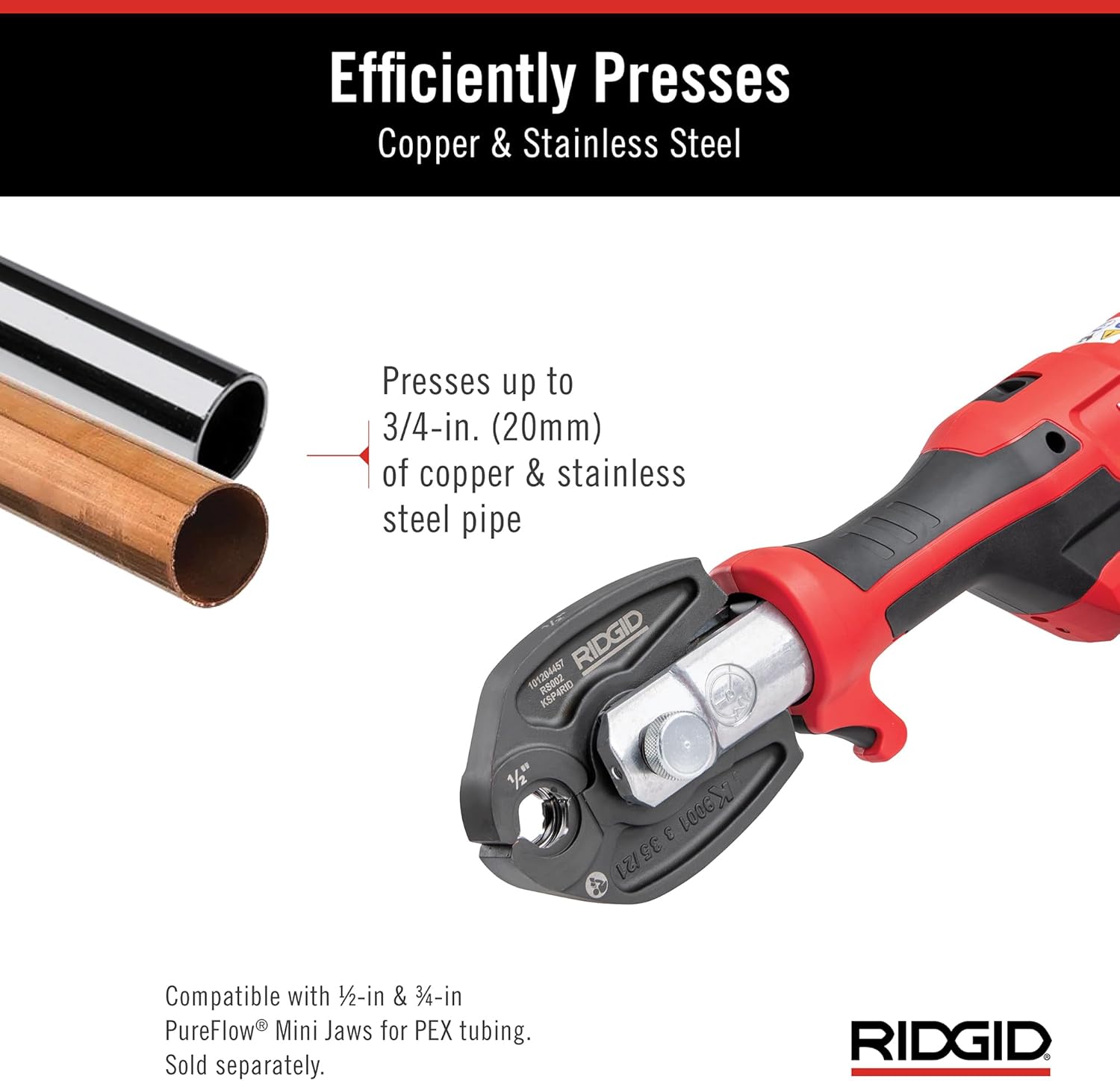 RIDGID (RP115) 72553 Mini Press Tool and Battery Kit with 1/2" to 3/4" ProPress Press Tool Jaws, 2V Li/Ion Battery, 12V Charger, and Carrying Case - Imagem 6