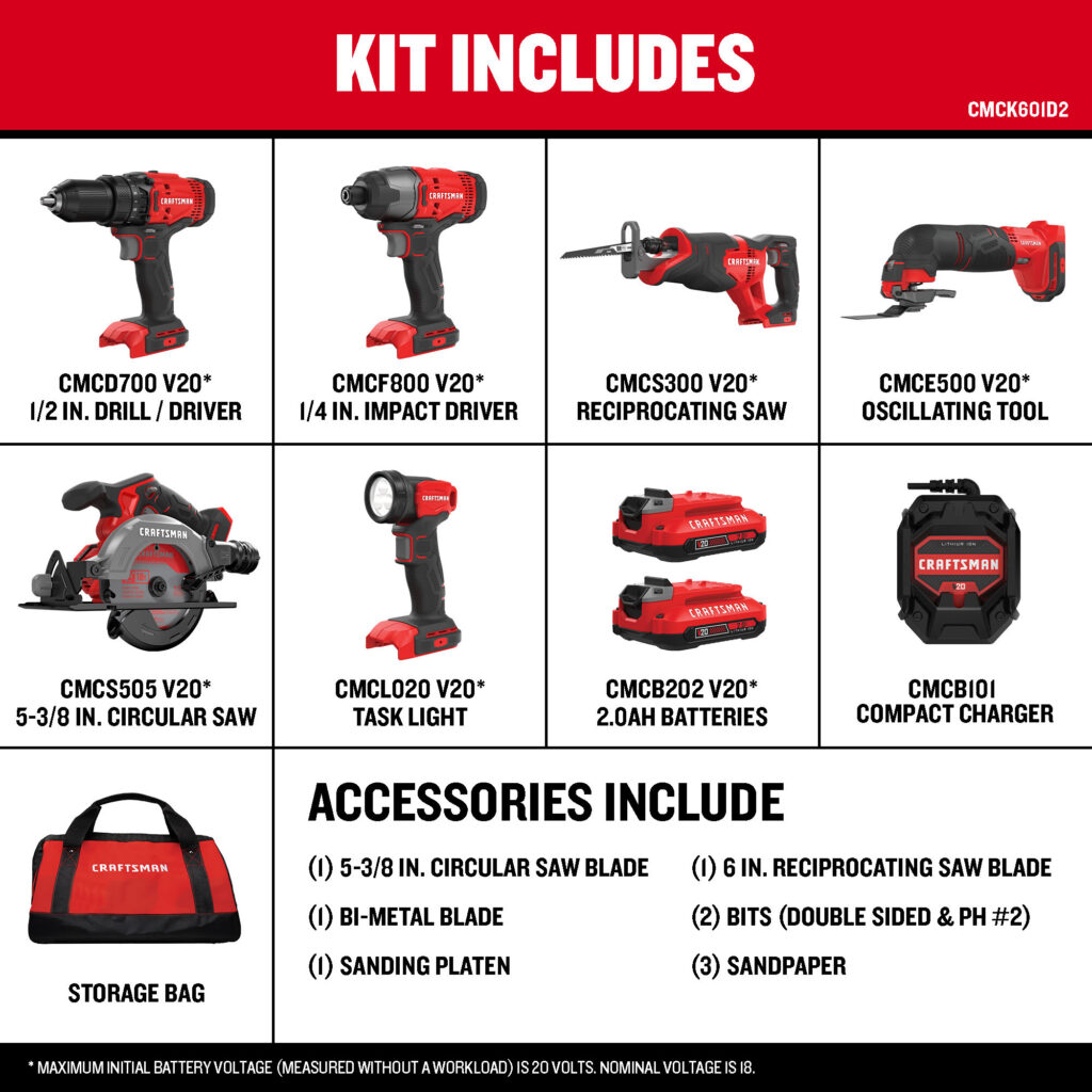 CRAFTSMAN V20 – Kit 6 Ferramentas a Bateria, 2 Baterias e Carregador