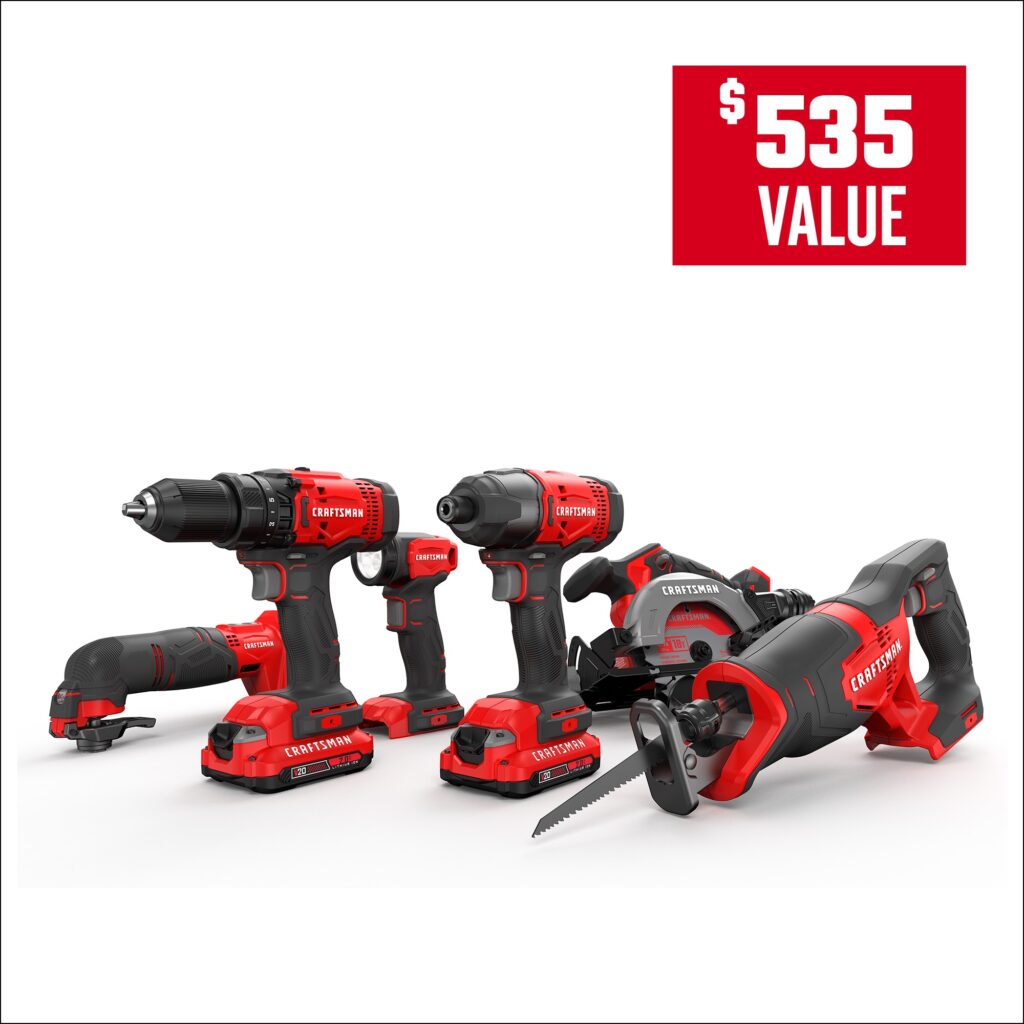 CRAFTSMAN V20 – Kit 6 Ferramentas a Bateria, 2 Baterias e Carregador