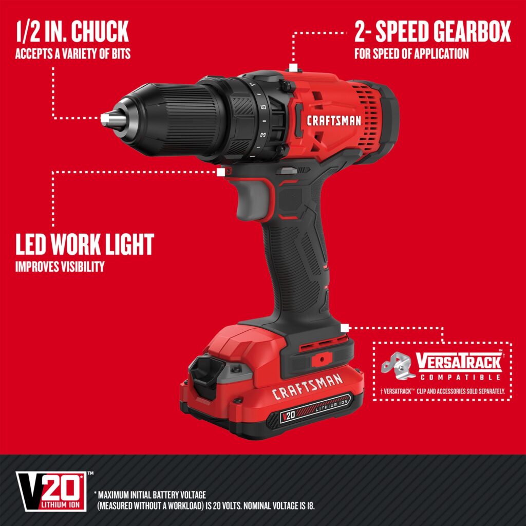 CRAFTSMAN V20 – Kit 6 Ferramentas a Bateria, 2 Baterias e Carregador