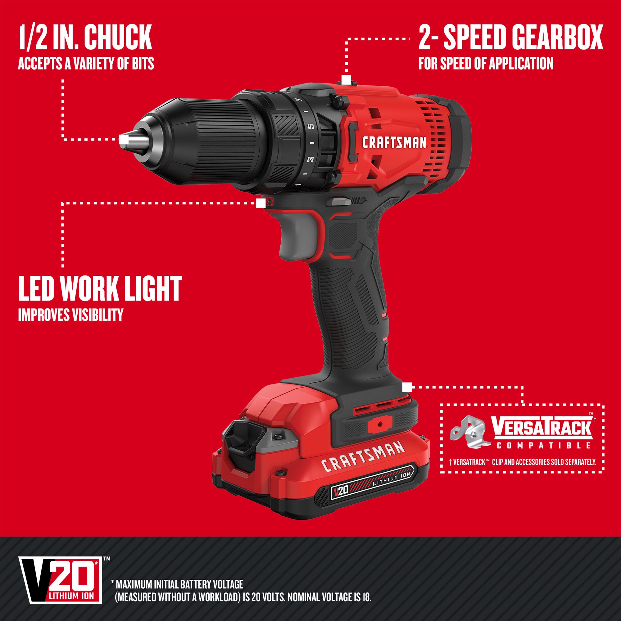 CRAFTSMAN V20 – Kit 6 Ferramentas a Bateria, 2 Baterias e Carregador - Imagem 4