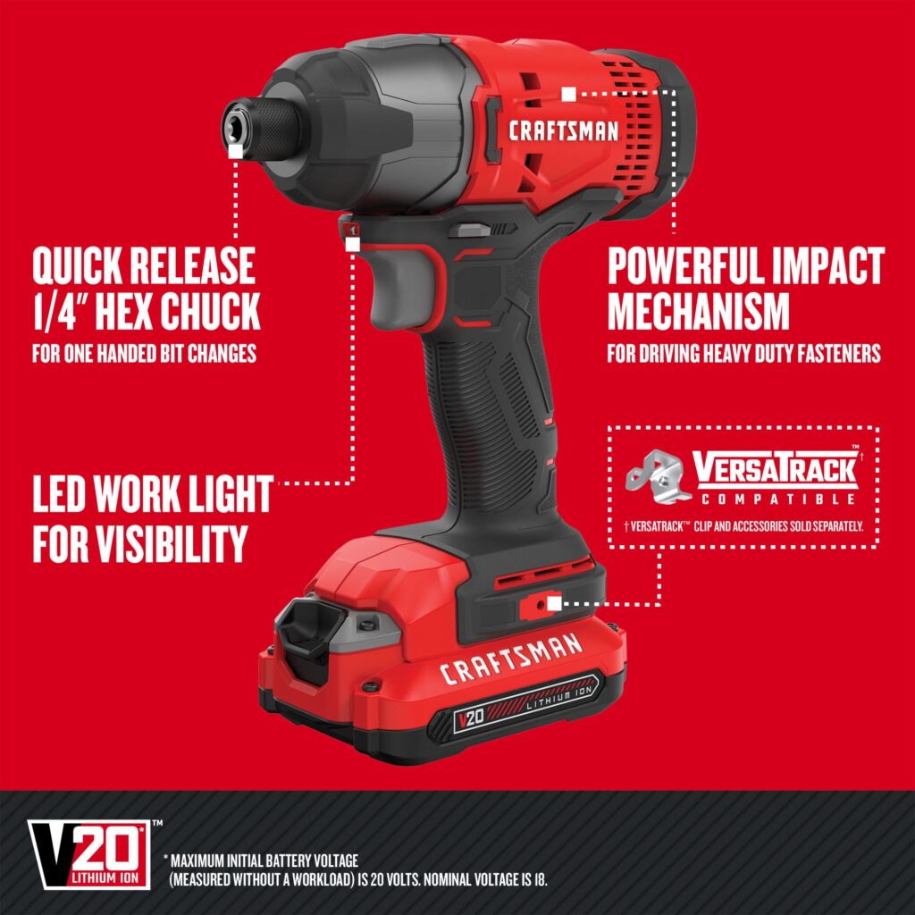 CRAFTSMAN V20 – Kit 6 Ferramentas a Bateria, 2 Baterias e Carregador