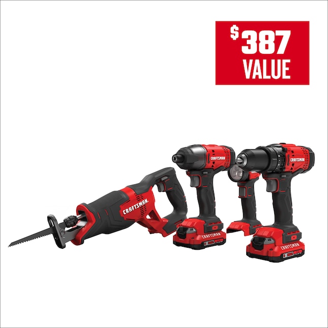 CRAFTSMAN V20 – Kit 4 Ferramentas a Bateria, 2 Baterias e Carregador