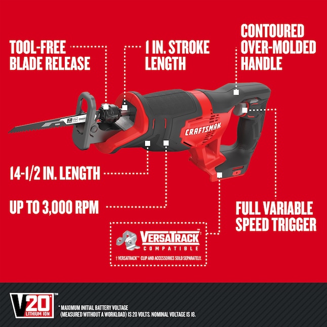 CRAFTSMAN V20 – Kit 4 Ferramentas a Bateria, 2 Baterias e Carregador