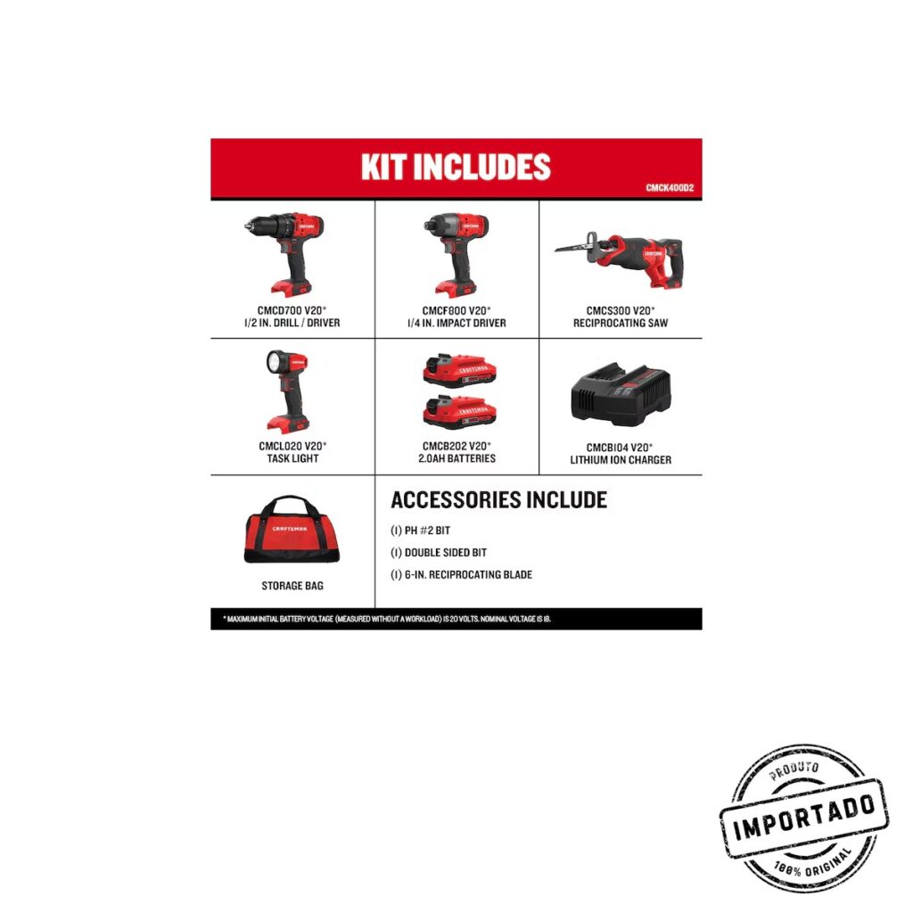 CRAFTSMAN V20 – Kit 4 Ferramentas a Bateria, 2 Baterias e Carregador