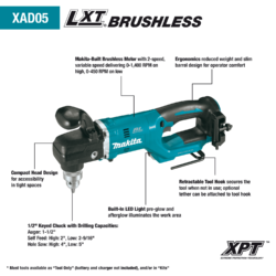 Makita 18V Lithium-Ion Brushless Cordless 1/2 in. Right Angle Drill (Tool-Only) XAD05Z - Imagem 2