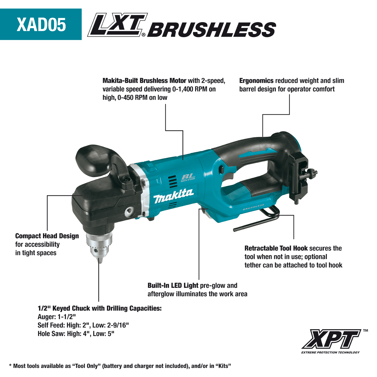 Makita 18V Lithium-Ion Brushless Cordless 1/2 in. Right Angle Drill (Tool-Only) XAD05Z - Imagem 2