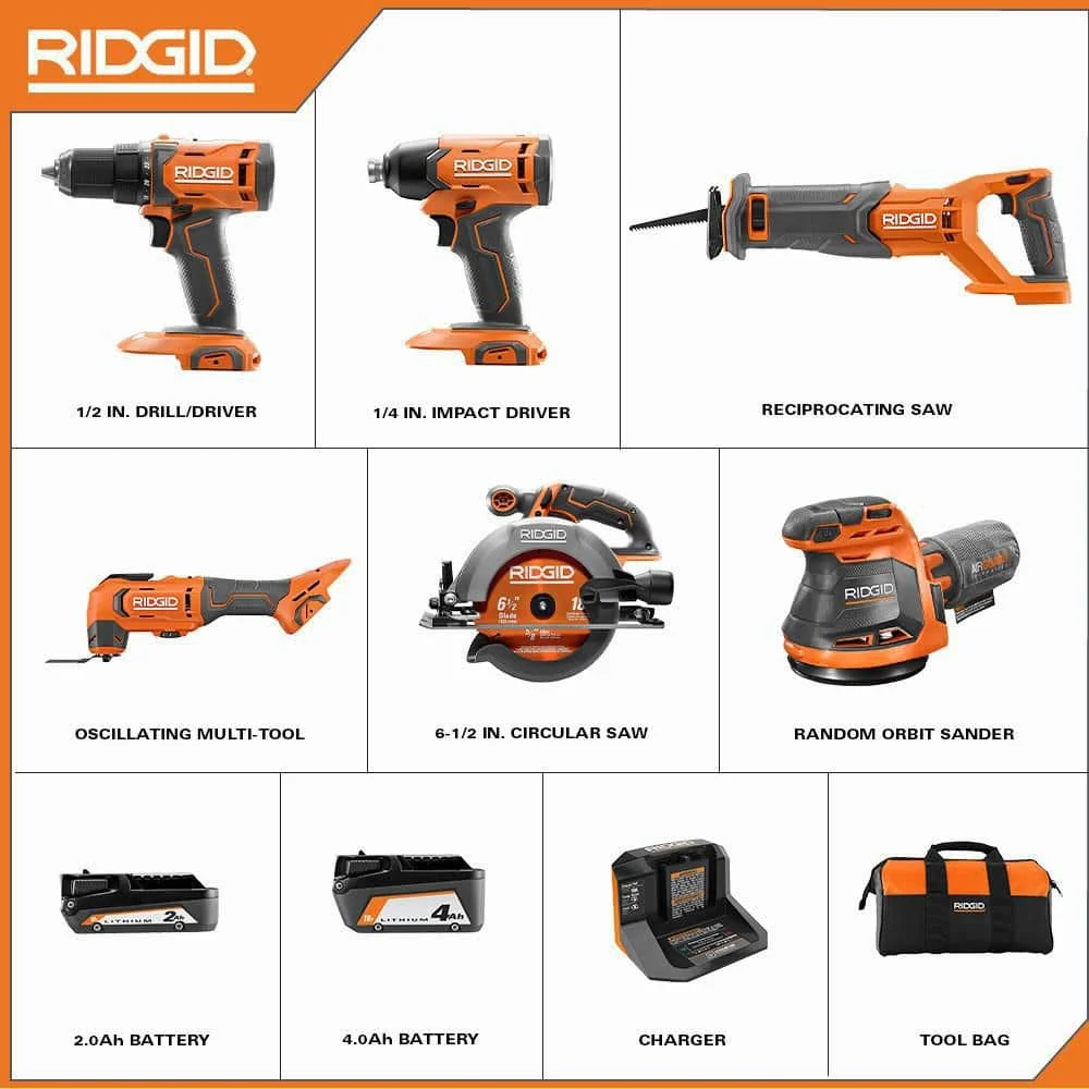 Ridgid 18V Cordless 6 Tool Combo Kit With 2 0 Ah Battery 4 0 Ah Battery Charger And Bag R96257